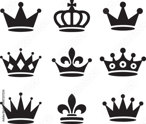 Diverse styles of royal and noble crowns in black and white icon design