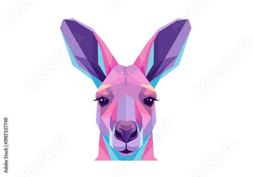 Modern Low Poly Kangaroo Head Illustration, Geometric Animal Portrait in Vibrant Pink and Purple Colors on White Background