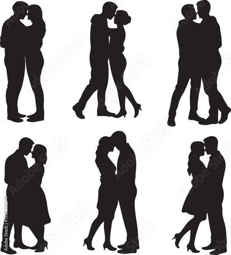 Silhouettes of couples in various intimate and dancing poses