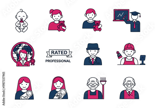 Life Cycle and Profession Icon Set: From Infancy to Seniorhood, Career and Family Roles Vector Illustrations