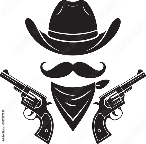 Classic cowboy icon featuring a hat, mustache, bandana, and dual revolvers