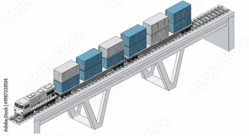 Isometric Freight Train Carrying Cargo Containers on a Bridge - Logistics and Supply Chain Concept