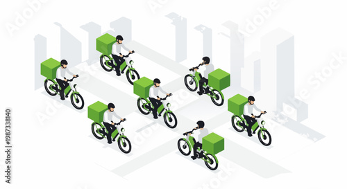 Isometric Vector Illustration of Delivery Couriers on Electric Bicycles in City, Sustainable Urban Logistics and Food Delivery Service Concept