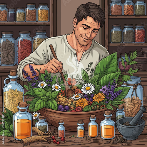 A male herbalist preparing natural remedies with fresh herbs and flowers.