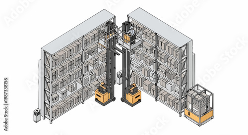 Isometric Warehouse Logistics and Distribution Center Illustration with Automated Order Pickers, Shelving Units, and Inventory Management Process