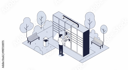 Man Picking Up Package from Automated Parcel Locker in Urban Park, Isometric Line Art Vector Illustration