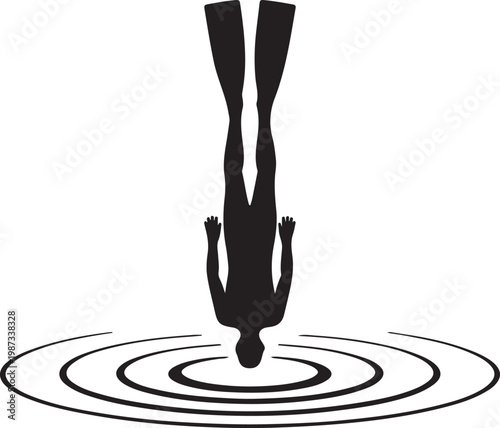 Freediver Ascent Graceful vertical silhouette with long fins, flat black vector illustration