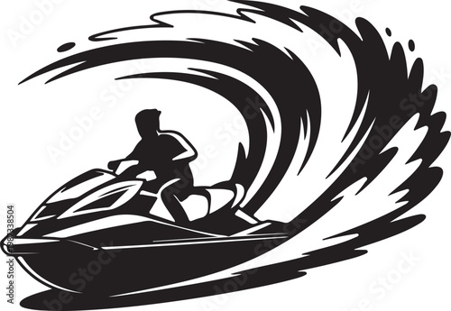 Jet Ski Wake surfing on the beach silhouette, water spray rider, flat black vector illustration