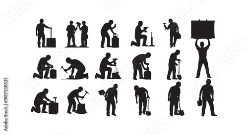 Collection of worker silhouettes performing various manual labor tasks, industrial and construction setting.