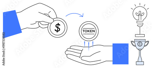 Token economy concept. Token use in transactions, funding, and innovation growth. Token facilitates idea generation and project development. For finance, investment, innovation, and startups
