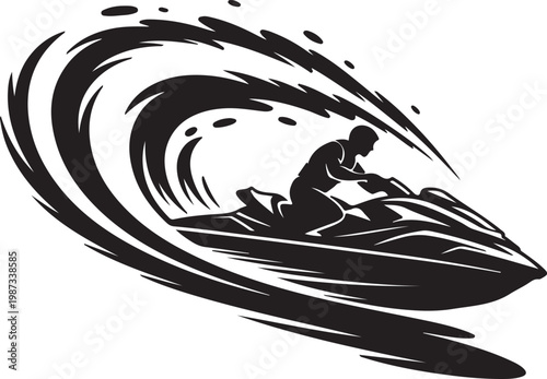 Jet Ski Wake silhouette of the water spray is as important as the rider, flat black vector illustration