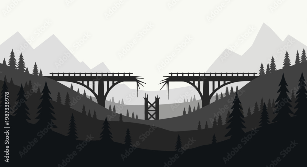 Fototapeta premium Broken bridge in a forest landscape illustration.
