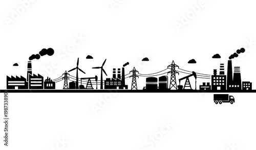 Industrial energy and manufacturing silhouette landscape with factories turbines and oil pumps vector
