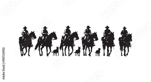 Cowboy posse riding horses with dogs across plains Western ranch life.