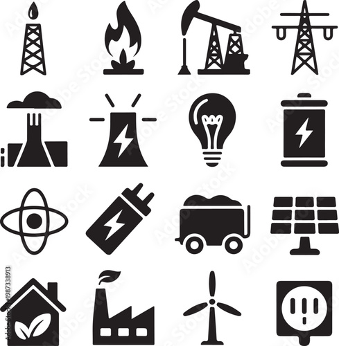 Illustrations of various energy sources and industrial icons