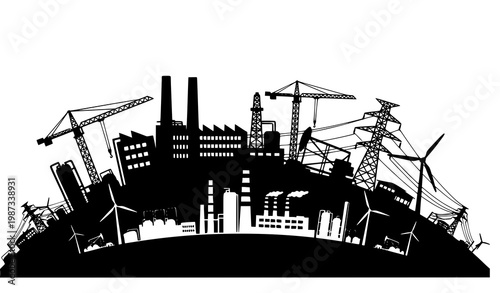 Dynamic industrial landscape silhouette with energy sources factories cranes and power infrastructure vector