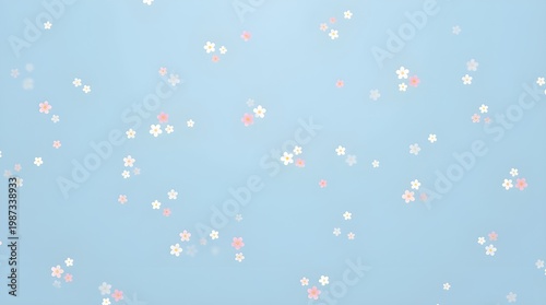 Soft falling tiny cherry blossom flowers on light blue background with dreamy bokeh effect