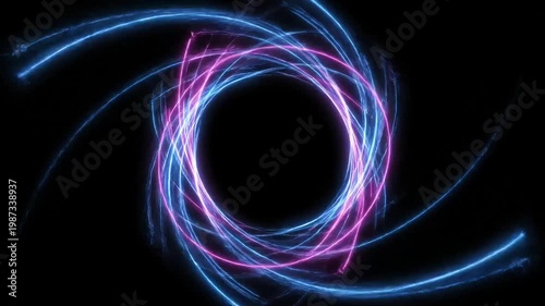 Abstract glowing vortex of vibrant blue and pink light trails against a dark background.