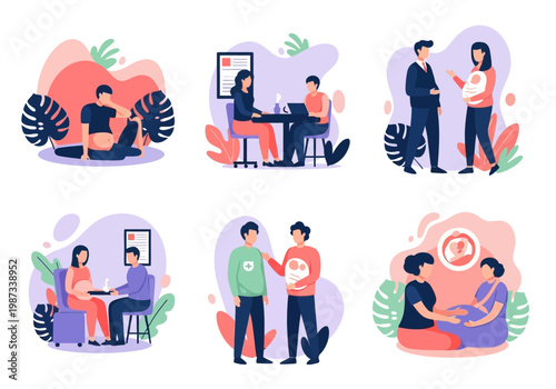 Diverse Pregnancy and Healthcare Illustration Set - Inclusive Prenatal Care, Transgender Pregnancy, and Newborn Support Vector Design