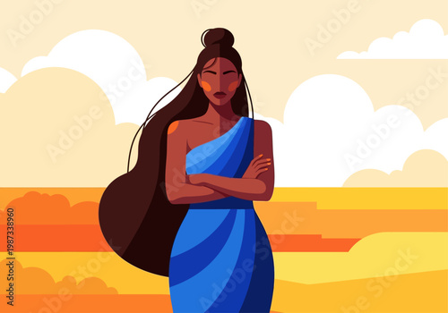 Empowered Woman Vector Illustration - Confident Strong Female Figure in Blue Dress on Stylized Landscape Background