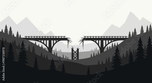 Broken bridge in a forest landscape illustration.