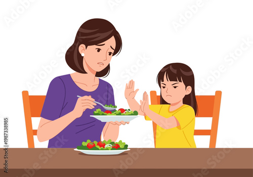 Little Girl Refusing to Eat Vegetables with Worried Mother - Picky Eater Concept Illustration