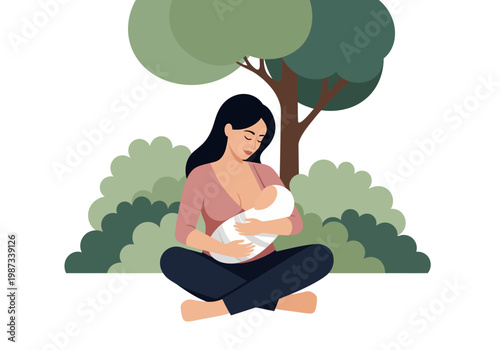 Mother Breastfeeding Her Newborn Baby in a Peaceful Outdoor Park Setting Flat Vector Illustration