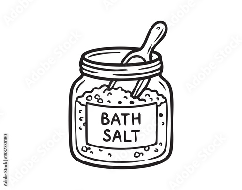 Jar of bath salt with spoon, handcrafted spa prep sketch showing labeled jar filled with coarse crystals, rustic spoon resting on rim, calm minimalist wellness vibe, home apothecary setting, natural