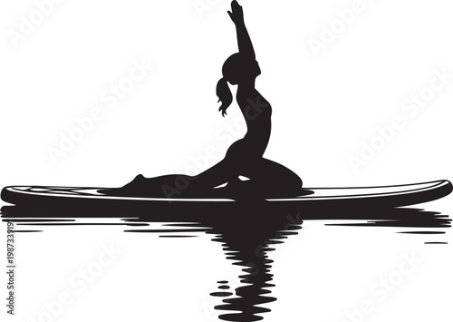 Paddleboard Yoga in Sea Beach, Balance poses on a board, flat black vector illustration