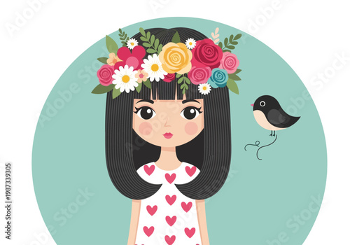 Kawaii Girl Illustration with Colorful Flower Crown and Little Black Bird - Cute Spring Character Portrait Vector