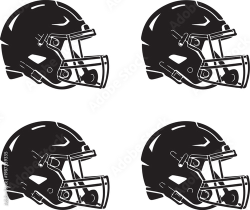 Four different styles of american football helmets in black and white silhouette