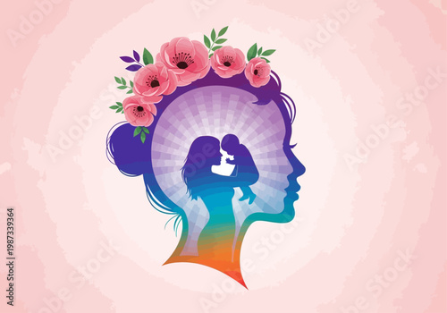 Artistic Motherhood Concept Illustration Featuring a Woman's Profile with Mother and Baby Silhouette in Her Mind and Floral Wreath