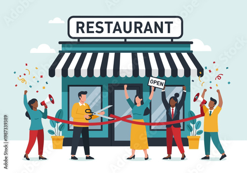 Grand Opening Concept: Diverse Team Celebrating New Restaurant Launch with Ribbon Cutting Ceremony and Confetti