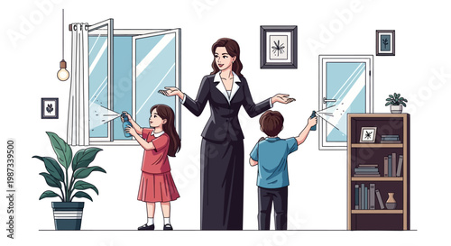 For World Malaria Day, a vector illustration shows a mother and two children participating in a mosquito prevention campaign by spraying insecticide near windows in a bright, clean home