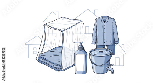 A hand-drawn vector illustration promoting malaria awareness features a mosquito net, clothing, and a water bucket against a backdrop of simple house outlines, all rendered in a clean