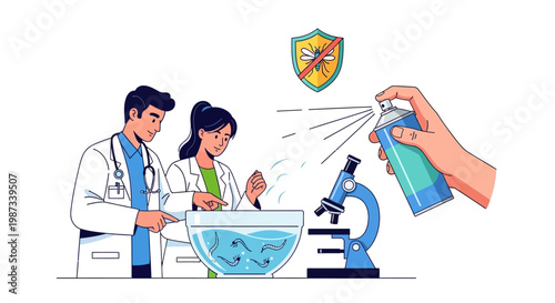 A vector illustration highlights mosquito prevention campaign efforts, showing two scientists examining larvae in a bowl beside a microscope, as a hand sprays insecticide, against a white