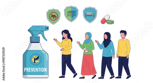 Standing against a white background, a diverse group of people is illustrated near a spray bottle promoting malaria prevention, alongside vector icons of shields, mosquito nets