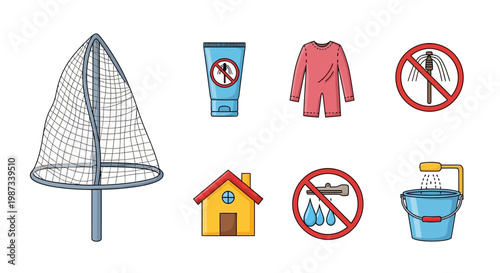 Simple vector illustration showcasing mosquito prevention campaign methods, including a bed net, insect repellent, long clothing, insecticide spray ban, house protection, water source