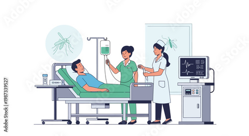 A medical illustration depicts a patient in a hospital bed being treated by nurses, highlighting the importance of malaria awareness on World Malaria Day, with a focus on mosquito