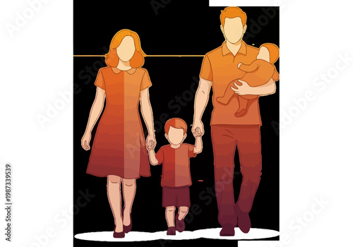 Happy Family Illustration: Father, Mother, Son, and Baby Walking Together in Warm Gradient Flat Design Style. Perfect for Insurance, Banking, and Parenting Concepts.