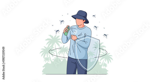 A man sprays insect repellent to create a shield against mosquitoes in a vector illustration promoting malaria awareness for World Malaria Day, shown against a backdrop of stylized tropical