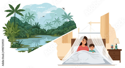 An illustration promoting malaria awareness depicts a mother and child protected by a mosquito net indoors, contrasted with a lush outdoor vector scene of a tropical swamp, highlighting
