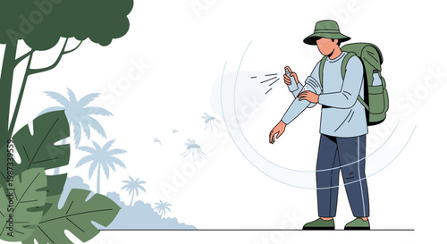 A vector illustration depicts a man spraying insect repellent on his arm to support malaria awareness, standing near tropical foliage against a clean white background as part of a mosquito