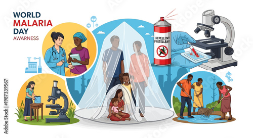 A stylized vector illustration promotes World Malaria Day and malaria awareness through scenes of prevention, medical care, and family protection with a mosquito net, set against a clean