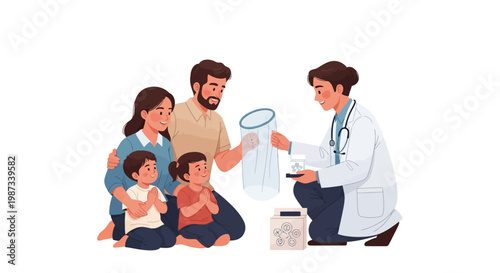 A doctor, in a vector illustration for a mosquito prevention campaign, explains malaria awareness to a family holding a mosquito net against a clean white background, highlighting