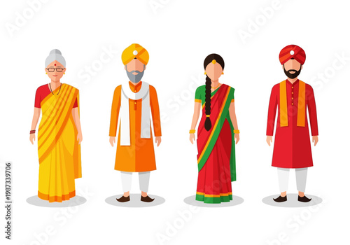 Diverse Indian People in Traditional Clothing, Flat Vector Character Set with Saree, Kurta, and Turban