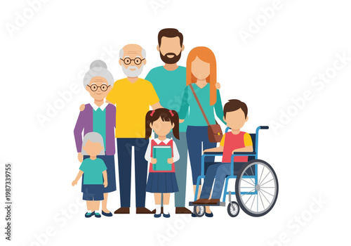 Bild auf Leinwand Multigenerational Diverse Family Illustration with Disabled Child in Wheelchair,