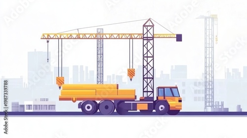Stylized construction truck loaded with lumber; building structures in background