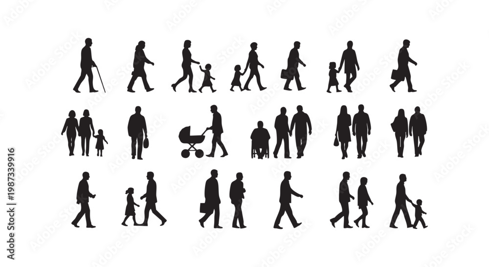 Fototapeta premium Diverse group of people walking, including families, couples, and individuals, in various scenarios.
