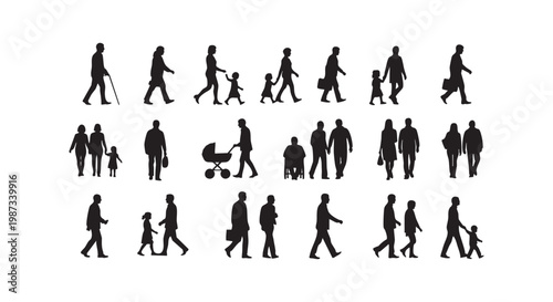 Diverse group of people walking, including families, couples, and individuals, in various scenarios.